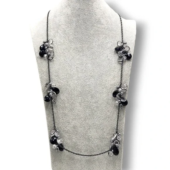 Chico's Long Black Clear Satellite Bead Necklace Long Adjustable Length - Picture 1 of 7